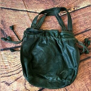 LUCKY BRAND Dark Green Italian Lamb Leather Drawstring Tulip‎ Boho Shoulder Bag